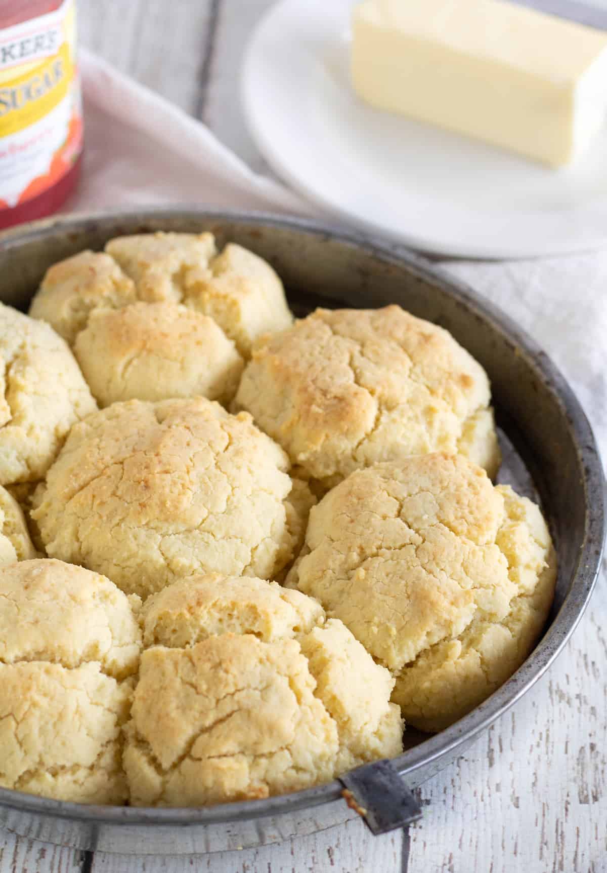 cooked biscuits in round pie dish