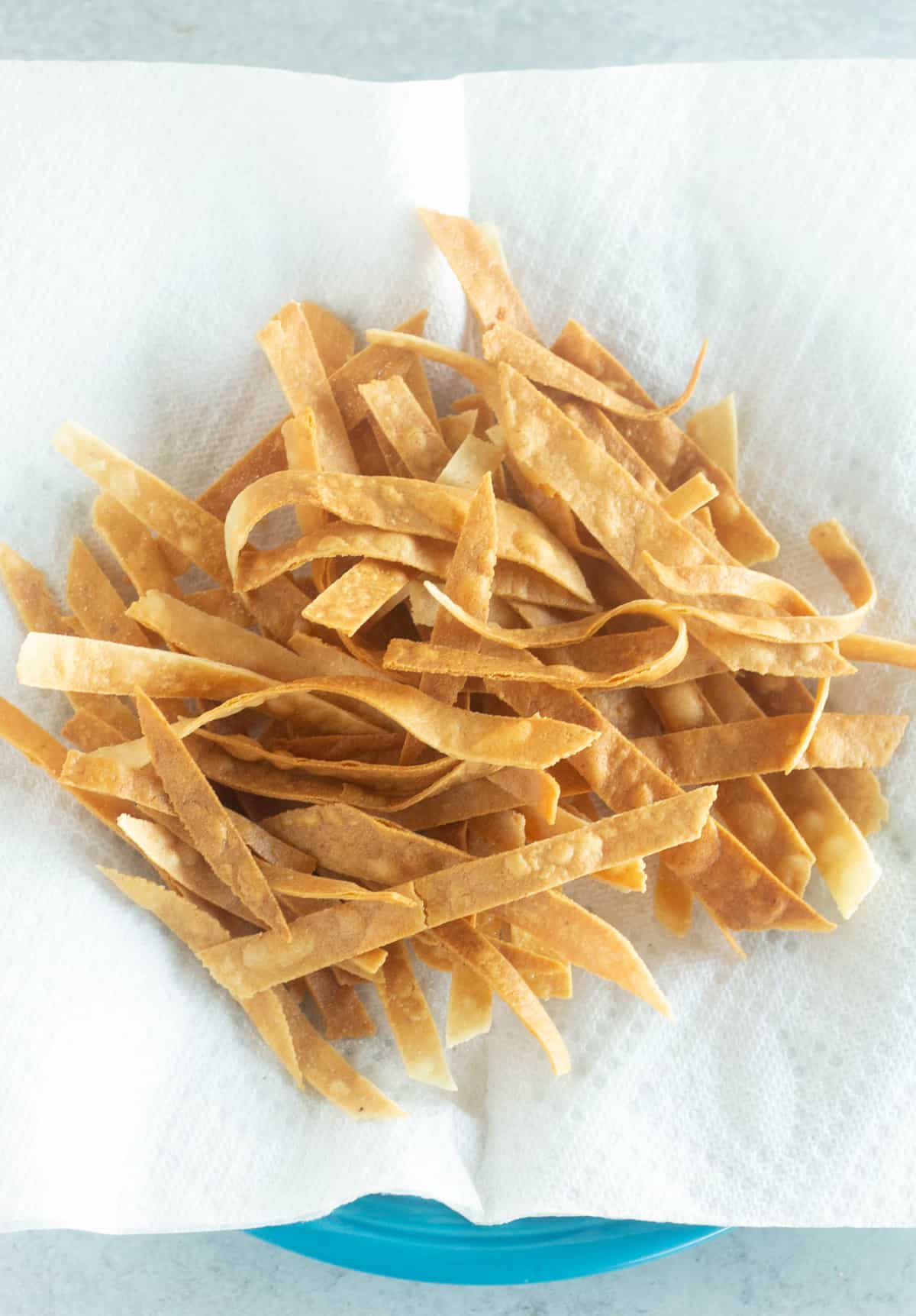 fried tortilla strips on paper-towel-lined plate