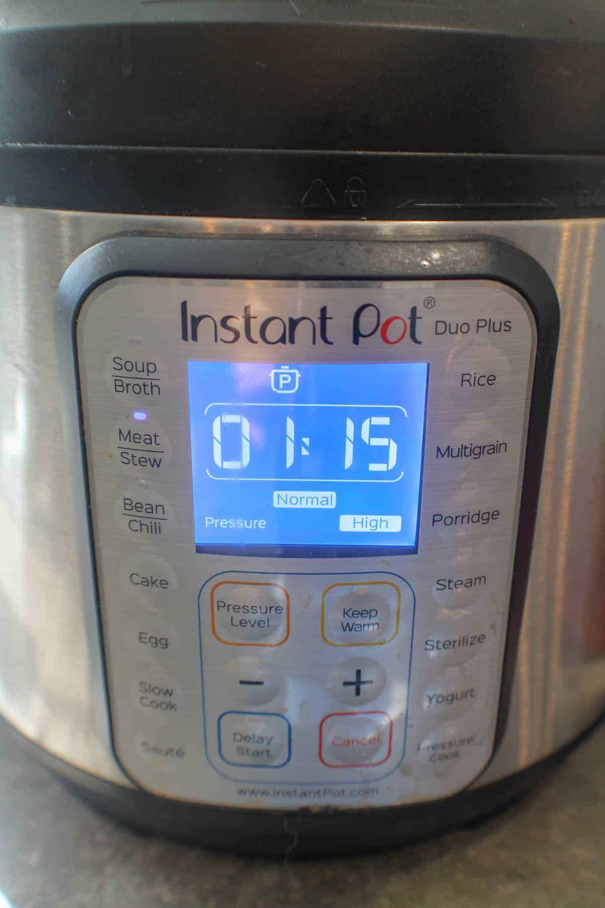 Instant Pot set to 1 hour 15 minutes