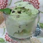 Close up of vegan mint chocolate chip ice cream in a glass serving dish