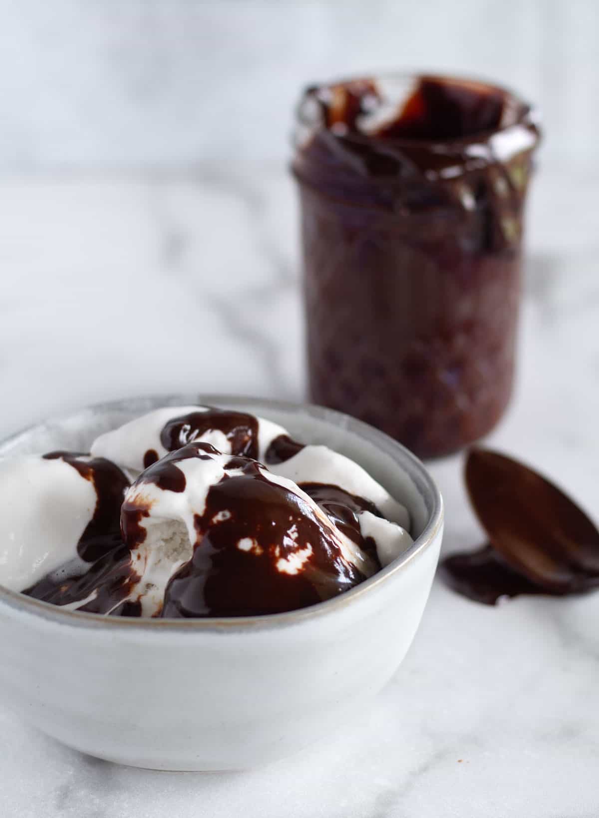 ice cream with chocolate syrup.