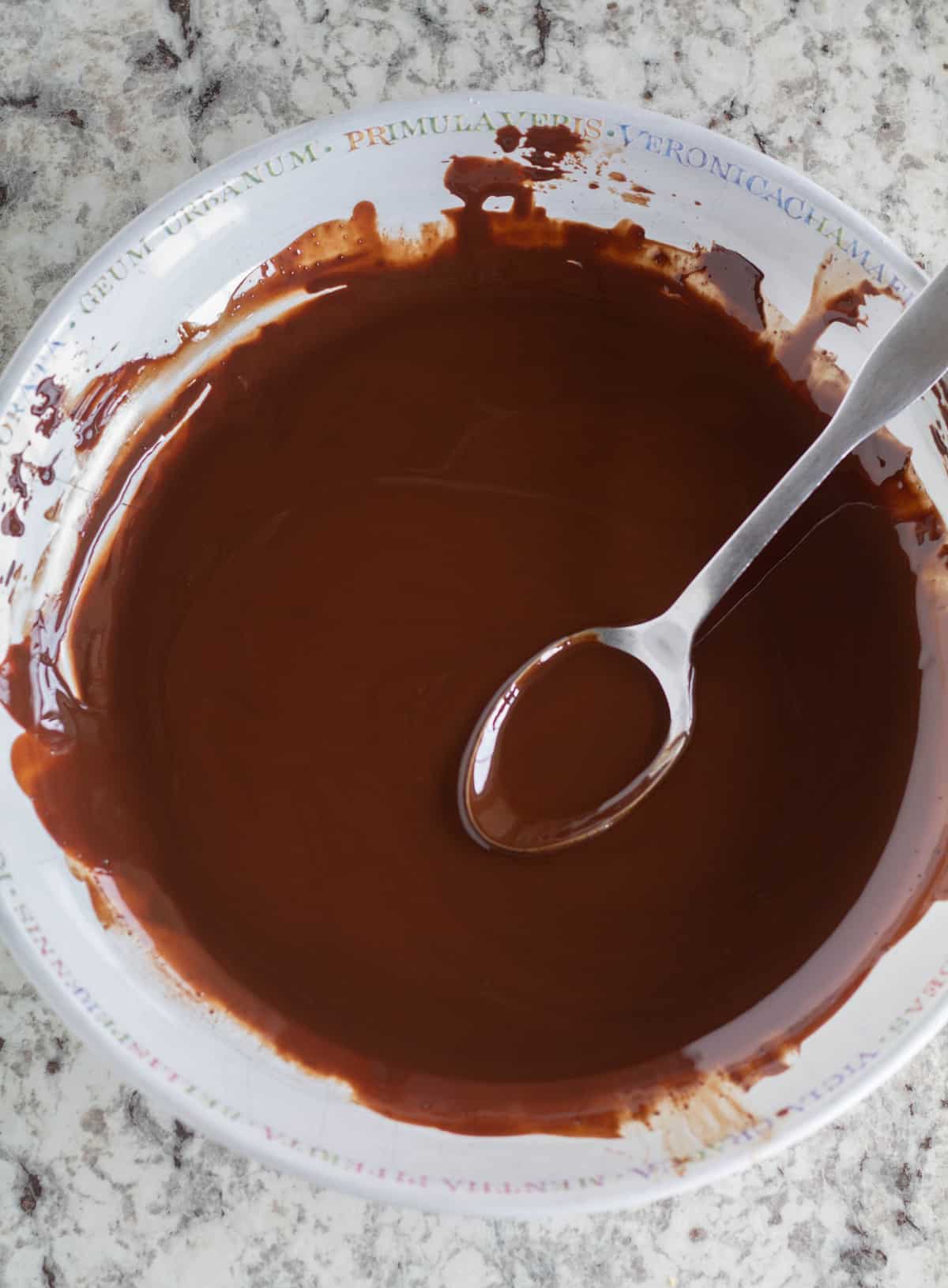 melted chocolate and coconut oil in large white bowl