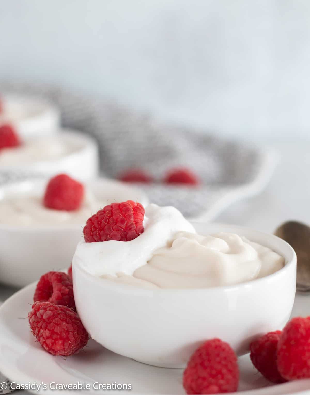 close up of keto pudding in bowl with cream and raspberries.