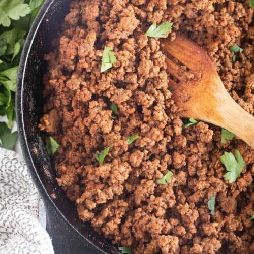 close up of taco meat in skillet