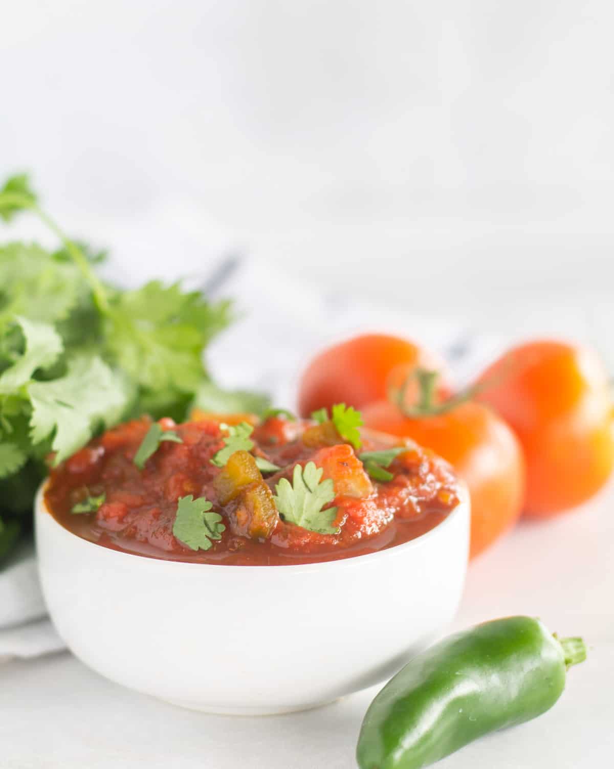 salsa in small white bowl with cilantro and tomatoes
