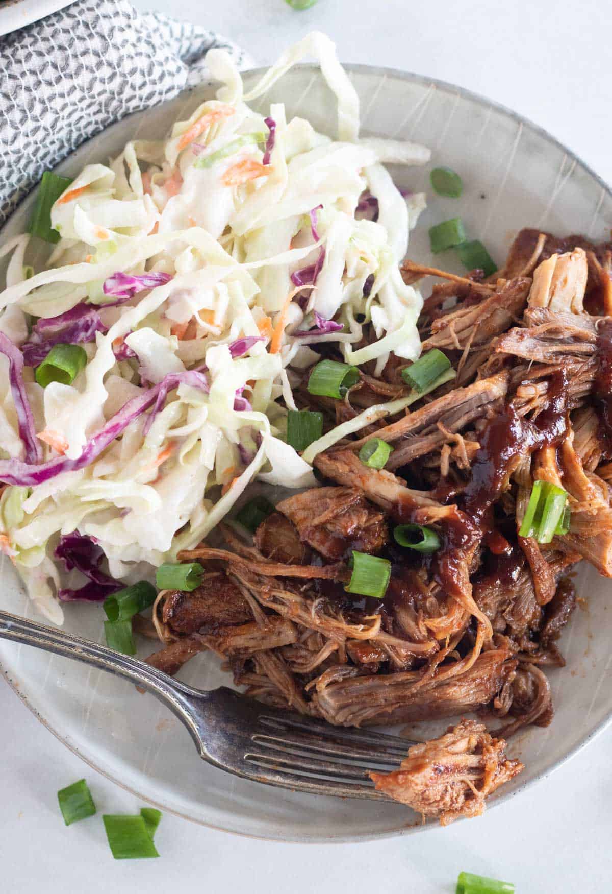 overhead shot of pulled pork and slaw on a plate with a fork
