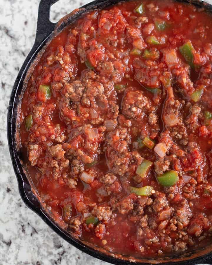 close up of keto meat sauce in cast iron skillet