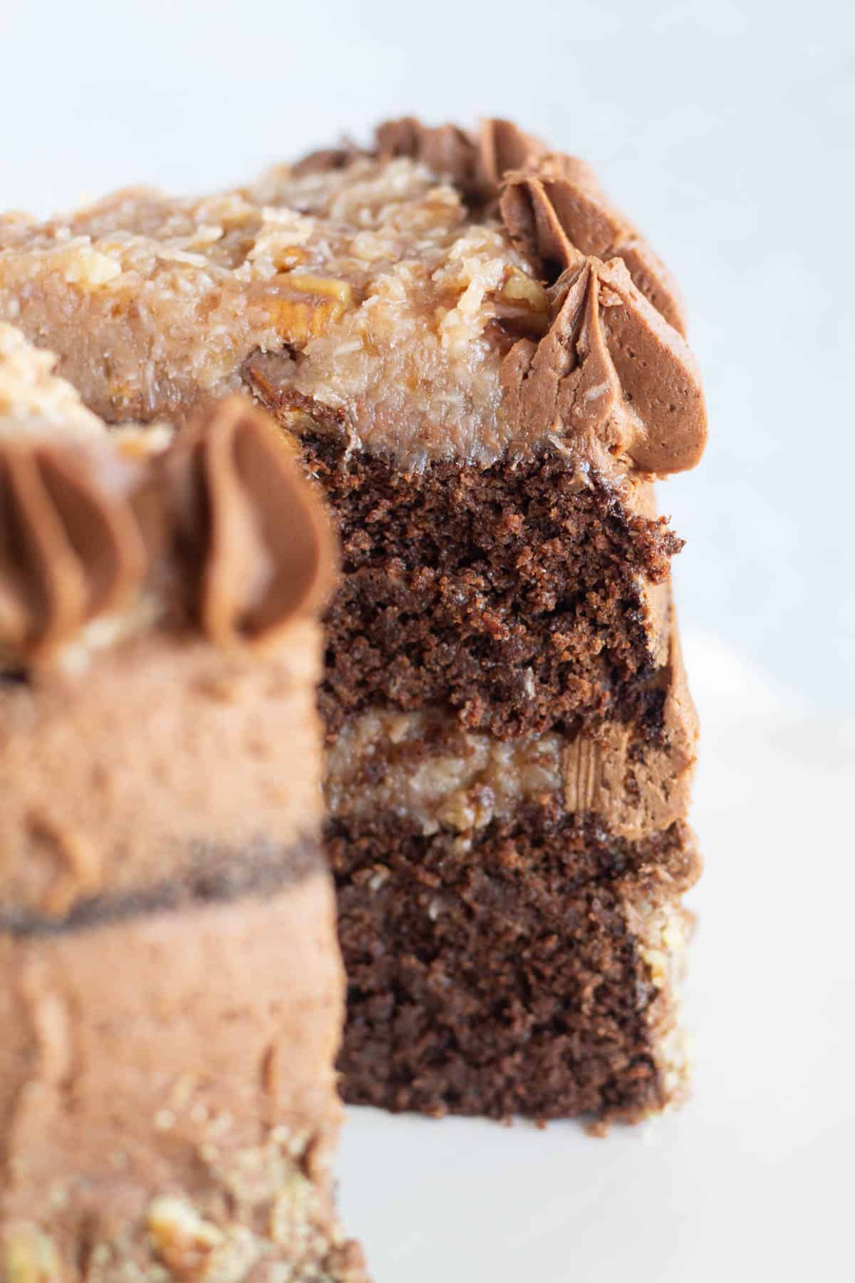 close-up of a slice of frosted chocolate cake.
