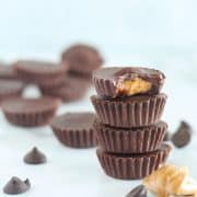 peanut butter cups stacked with bite taken out of top one