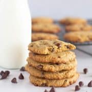 square image of stacked cookies with milk