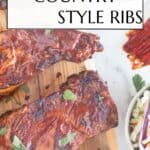 ribs on a cutting board with the name of the recipe at the top
