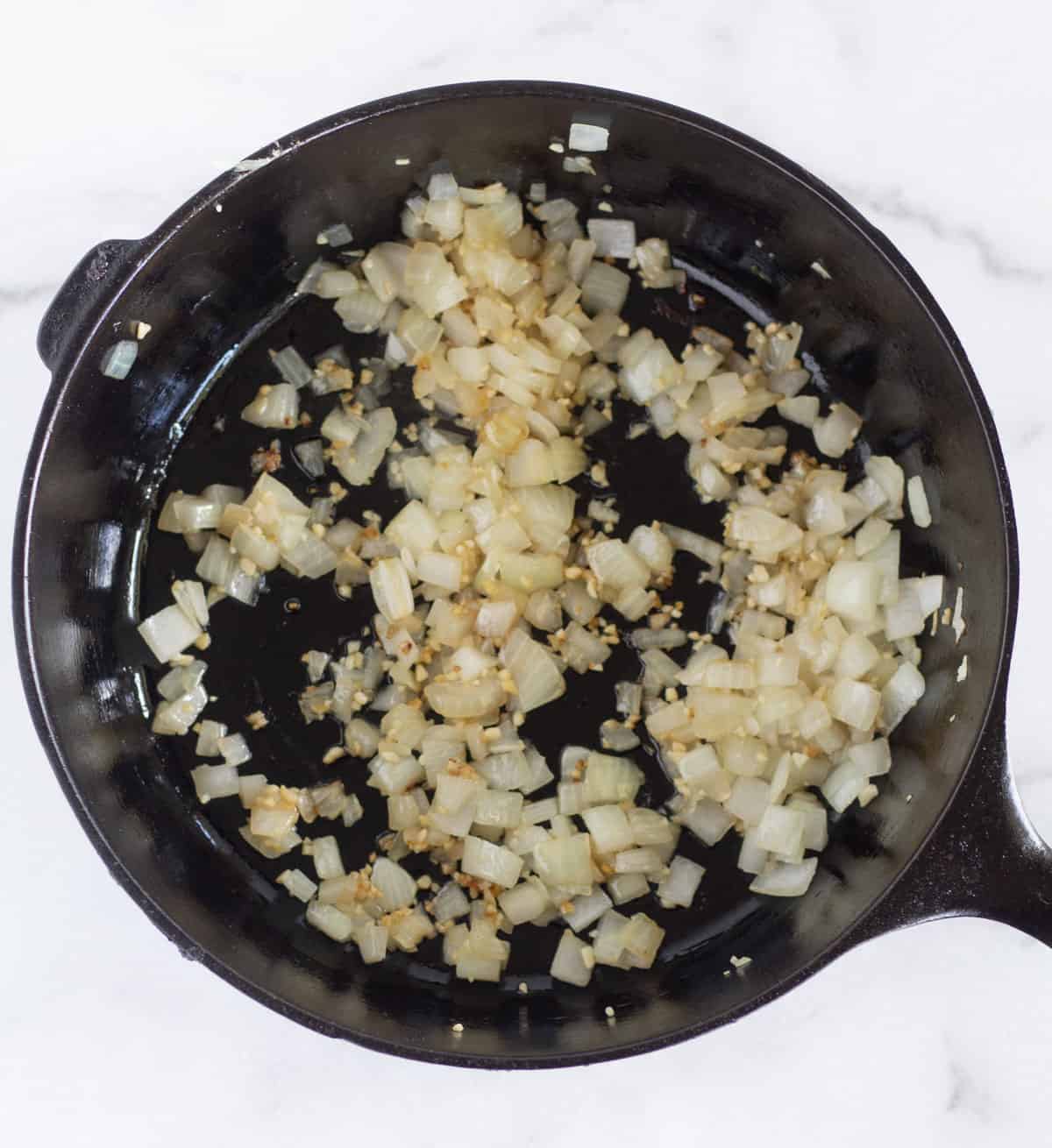 sauteed onions in cast iron skillet