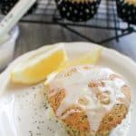 glazed muffin on white plate with poppyseeds
