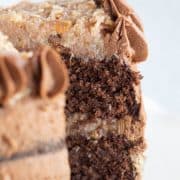 close up of a slice of keto german chocolate cake.