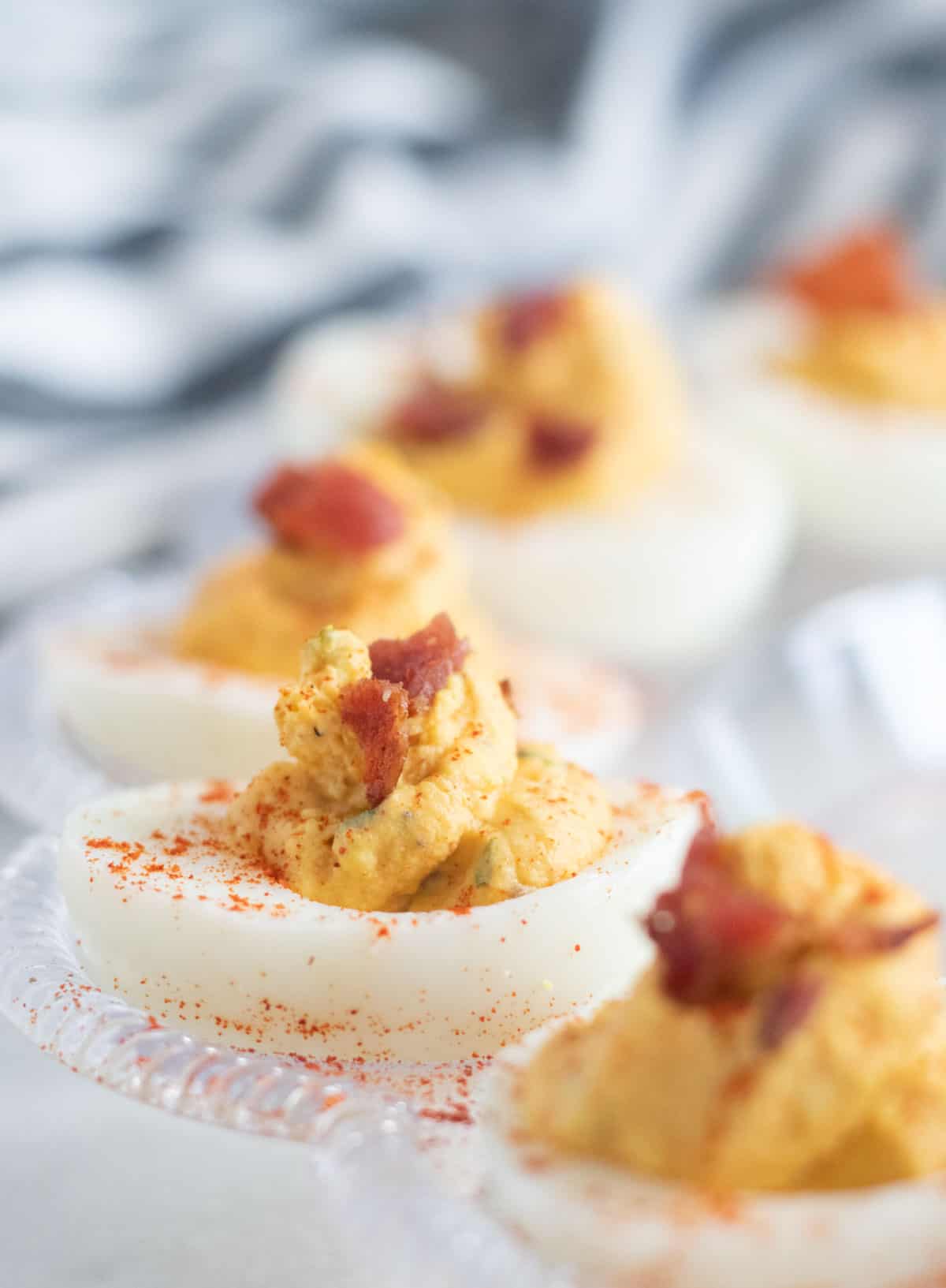 close up of low-carb deviled eggs.