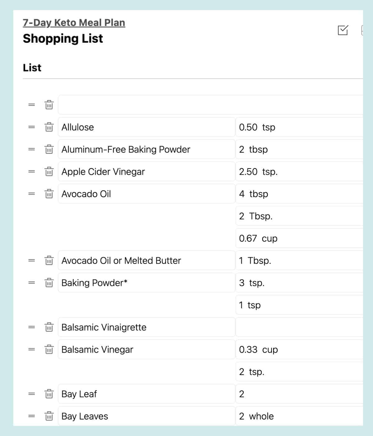 sample shopping list