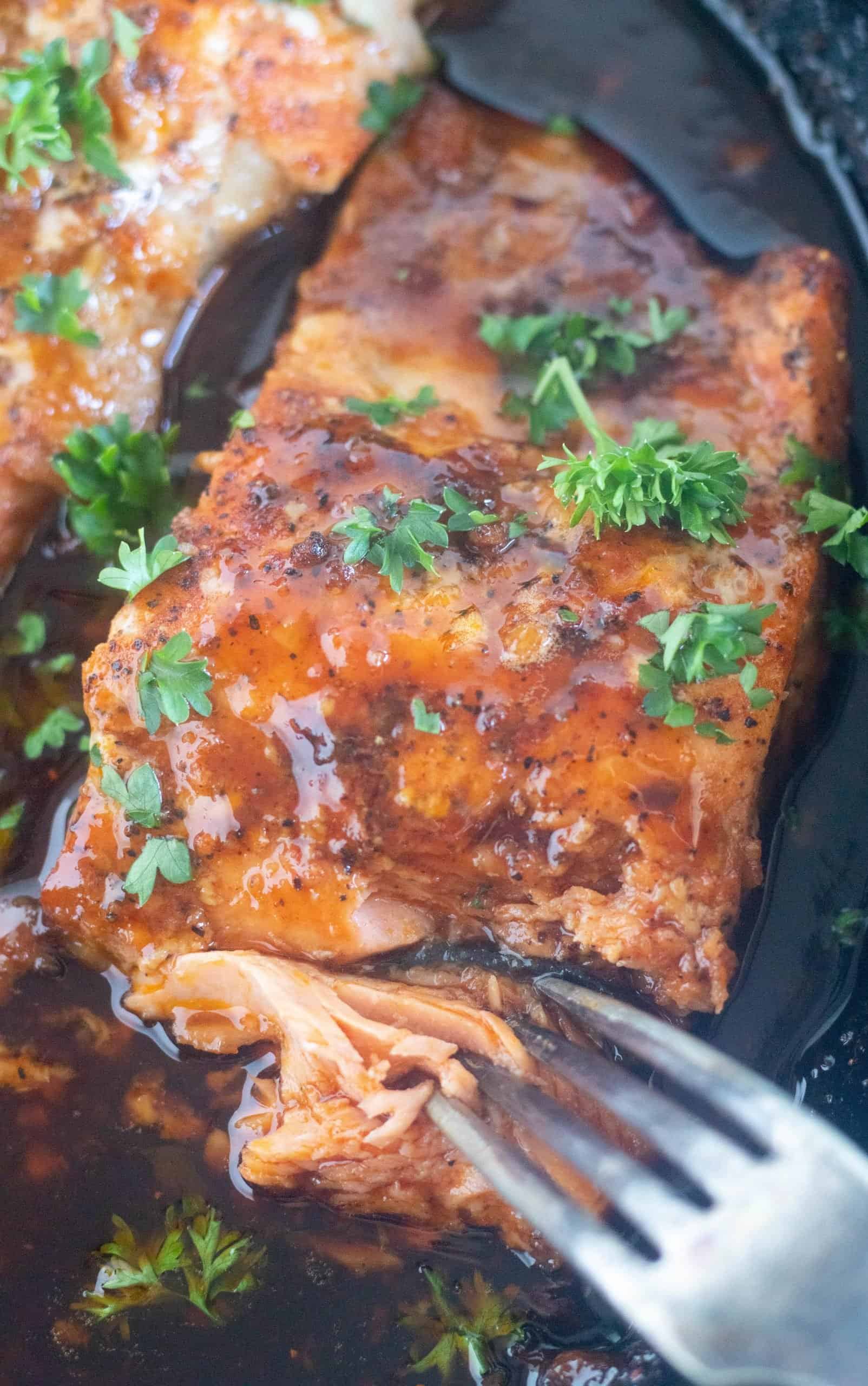 easy keto glazed salmon recipe with a fork digging into it