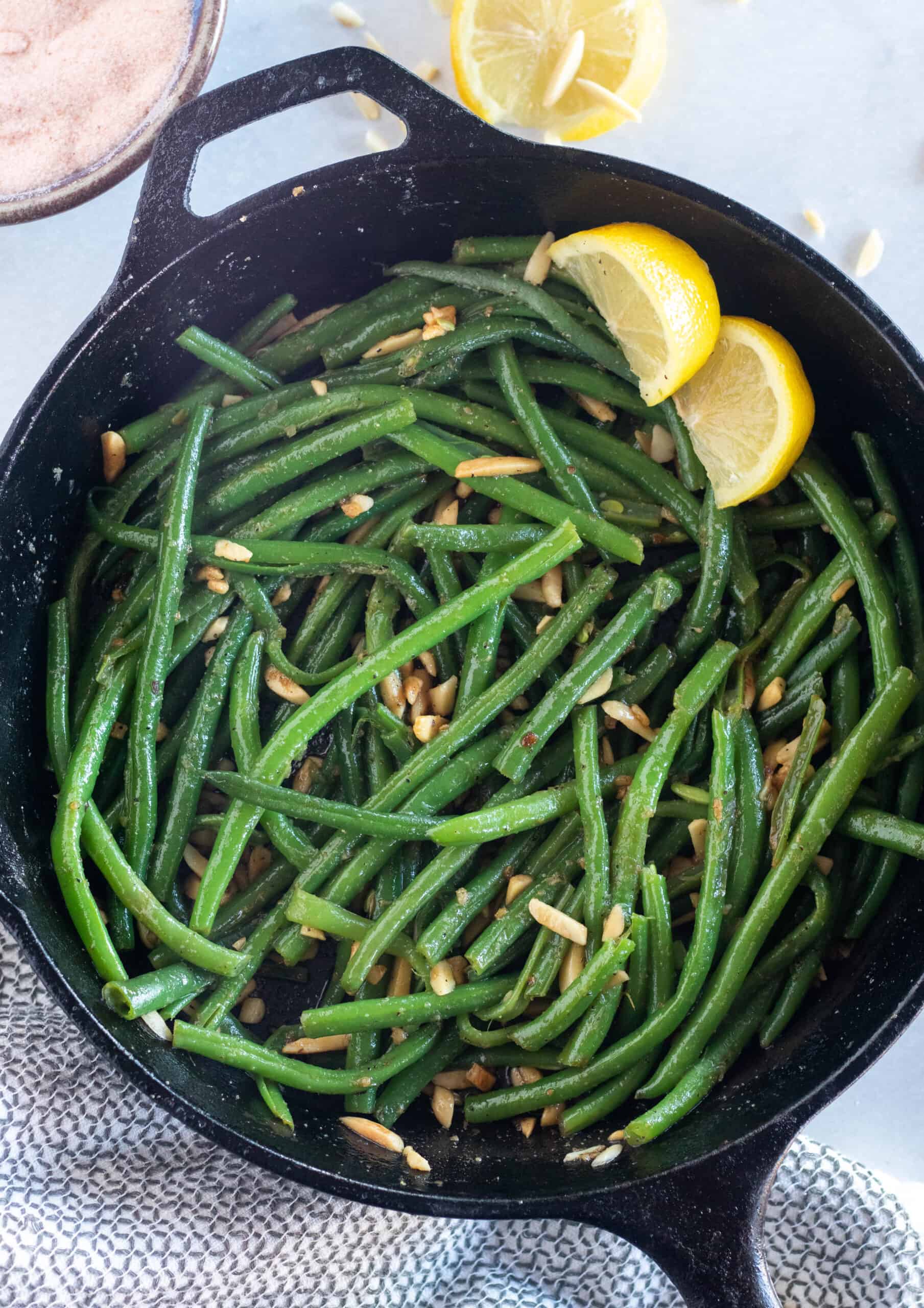overhead shot of finished keto green beans in a skillet