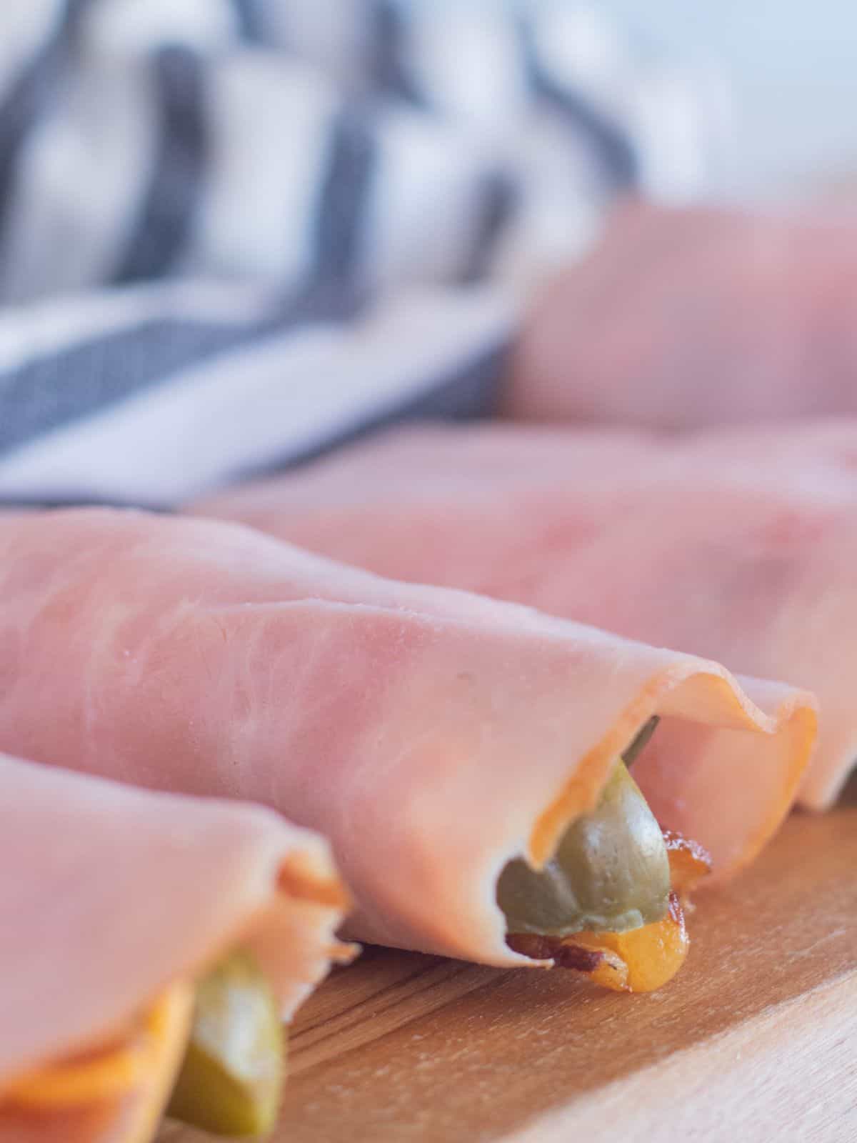 close up of deli meat roll up