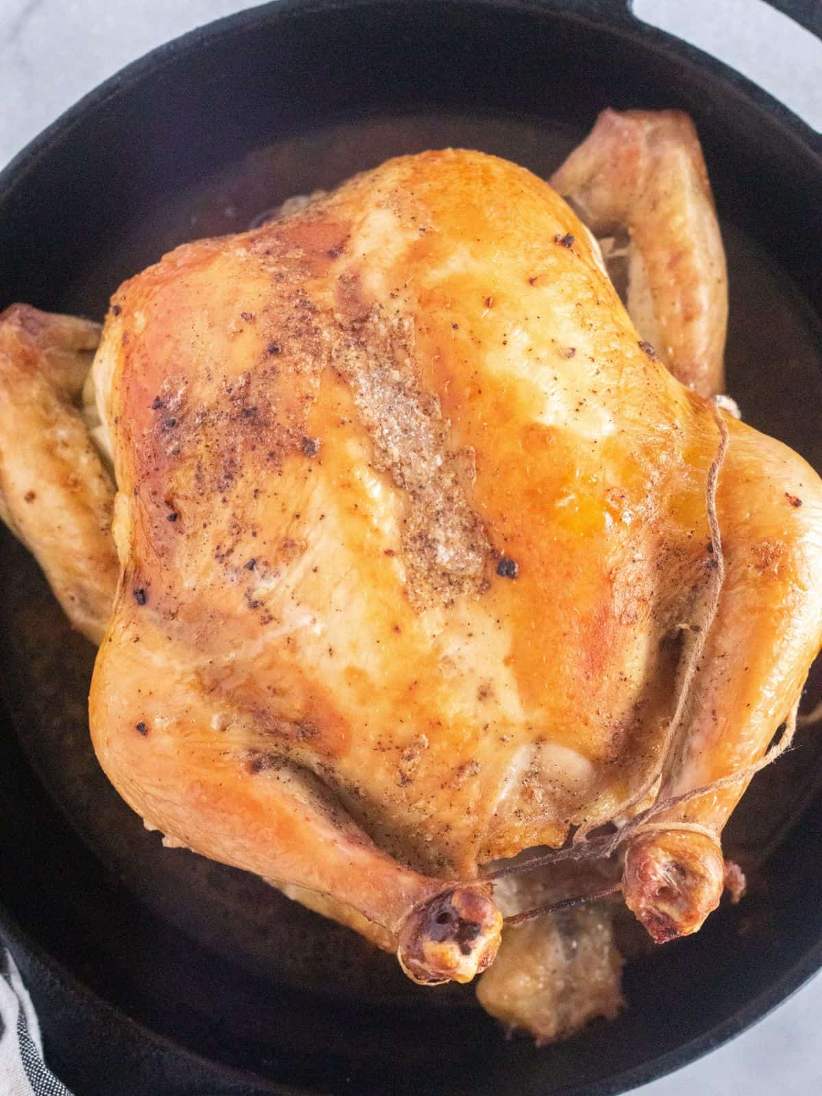 cooked chicken in cast iron skillet.