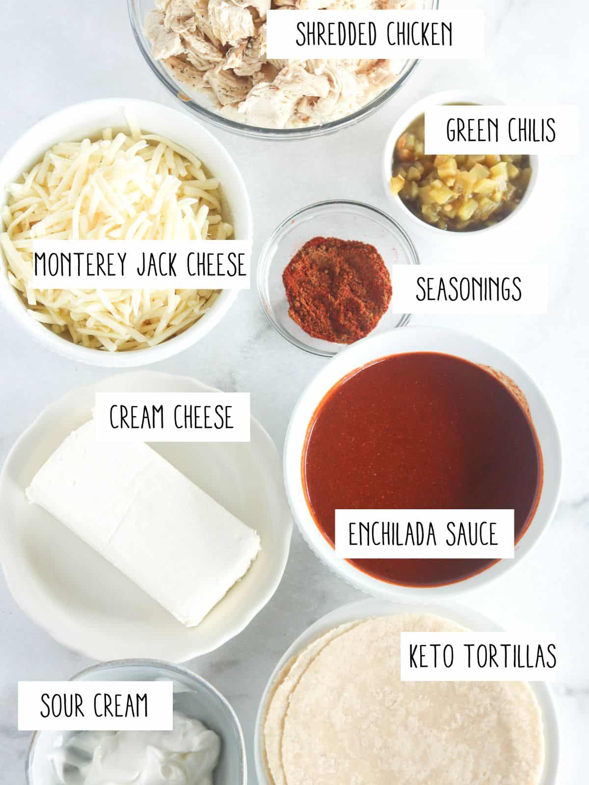 ingredients in bowls with labels.
