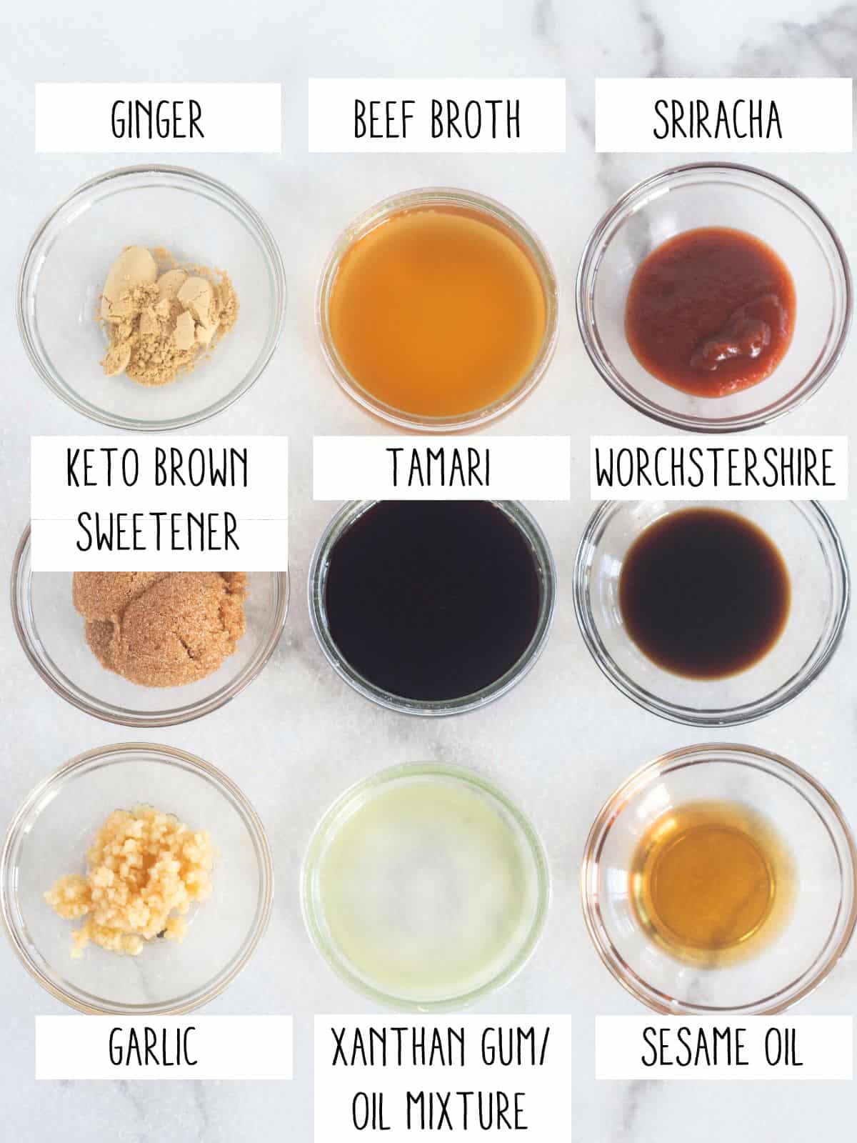 sauce ingredients in bowls with labels.