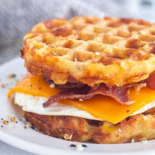 square image of chaffle breakfast sandwich.