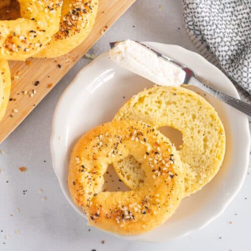 square image of cut fathead bagel with cream cheese.